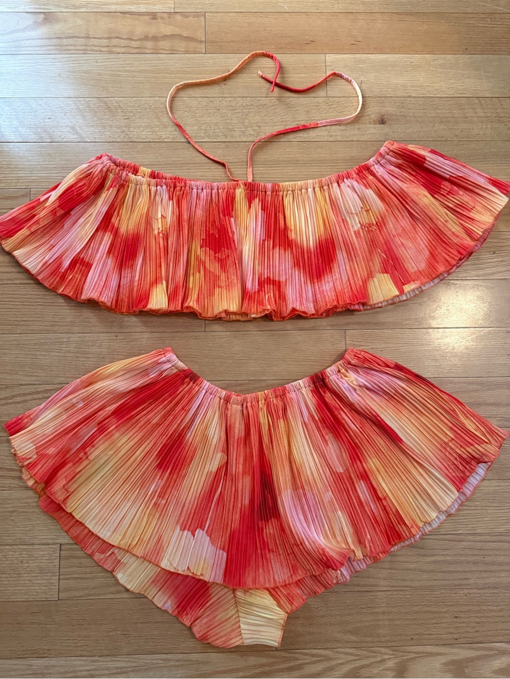 Pleated Two-Piece Crop Top & Skirt Set - Sunset Tie-Dye